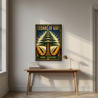 Golden Cedar — Cedars of God art print, on slim canvas, styled in a desk
