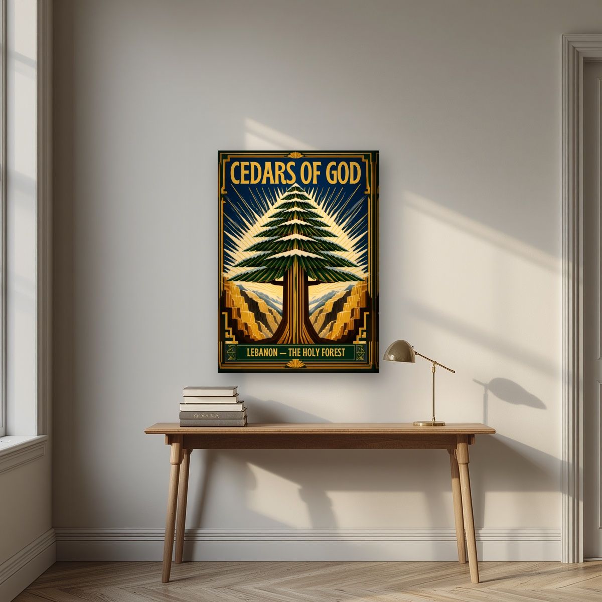 Golden Cedar — Cedars of God art print, on slim canvas, styled in a desk
