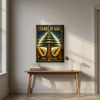 Golden Cedar — Cedars of God art print, on thick canvas, styled in a desk