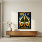 Golden Cedar — Cedars of God art print, in a black frame, styled in a living room