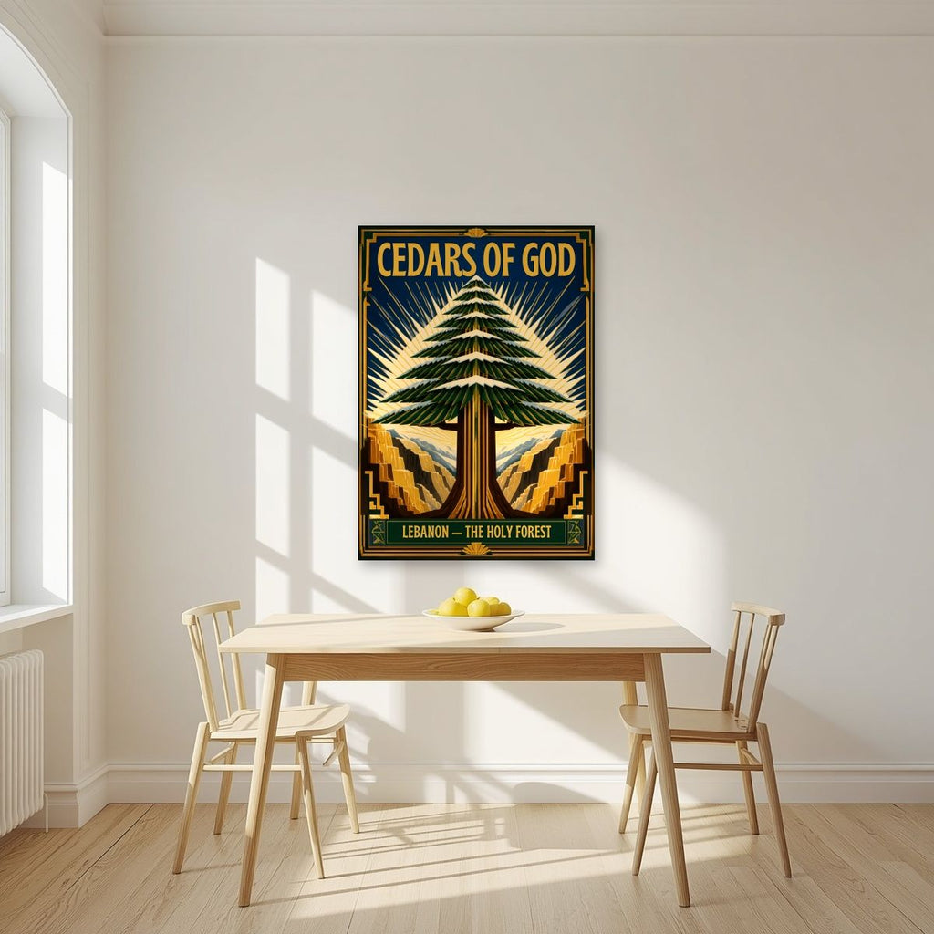 Golden Cedar — Cedars of God art print, unframed poster, styled in a kitchen