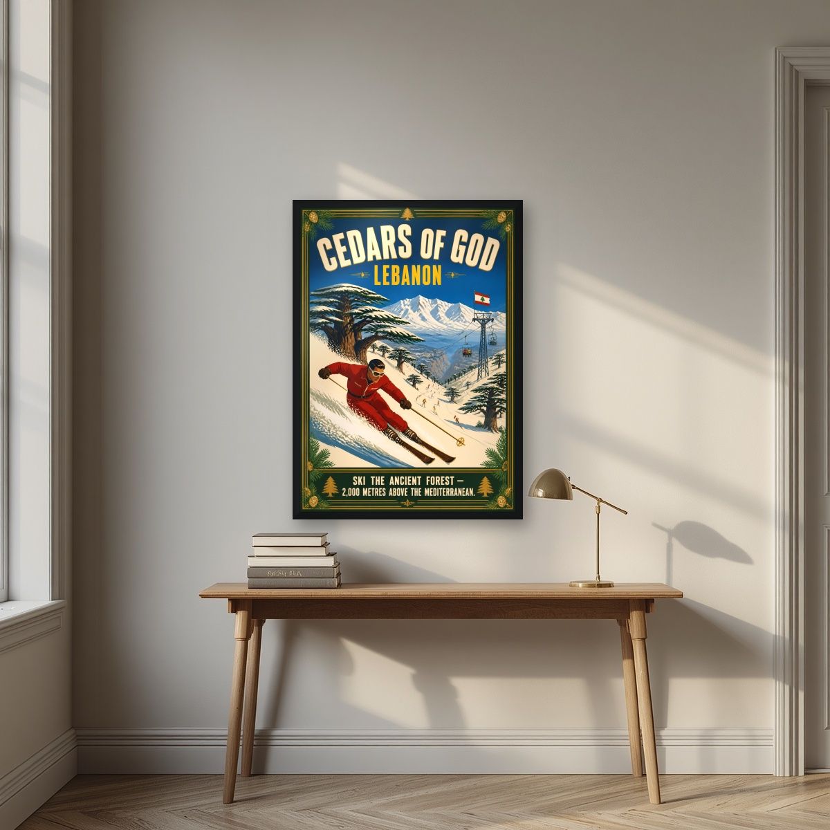 Ski the Holy Forest — Cedars of God art print, in a black frame, styled in a desk