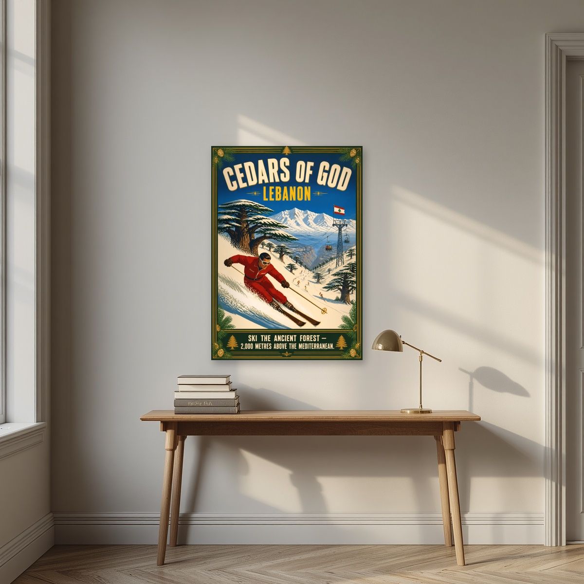 Ski the Holy Forest — Cedars of God art print, unframed poster, styled in a desk