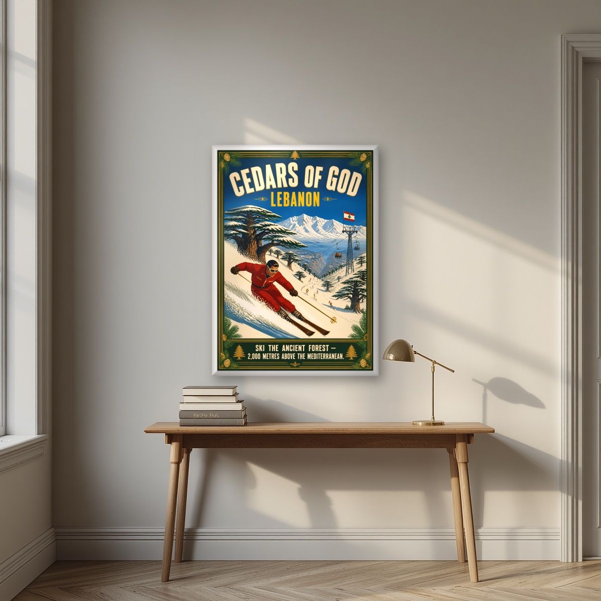 Ski the Holy Forest — Cedars of God art print, in a white frame, styled in a desk