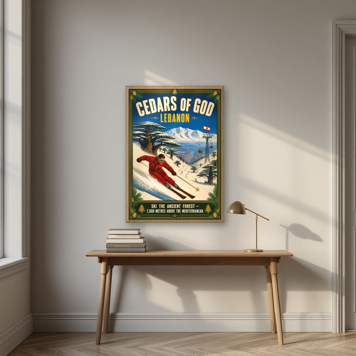 Ski the Holy Forest — Cedars of God art print, in an oak frame, styled in a desk