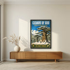 Thalj al-Arz — Cedars of God art print, in a black frame, styled in a living room