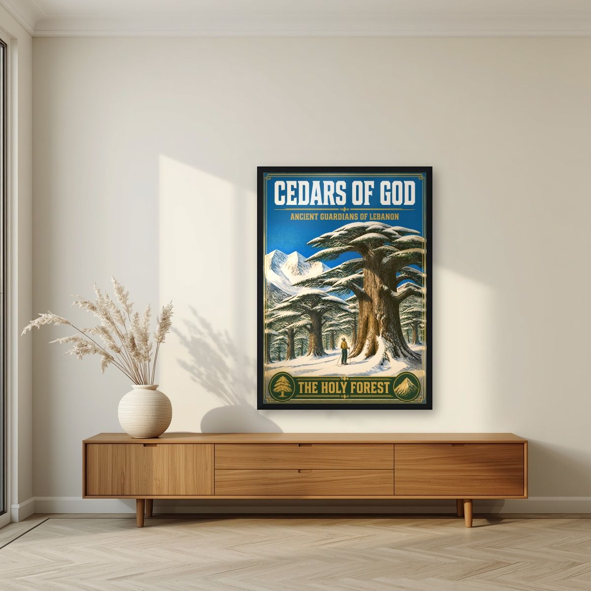 Thalj al-Arz — Cedars of God art print, in a black frame, styled in a living room