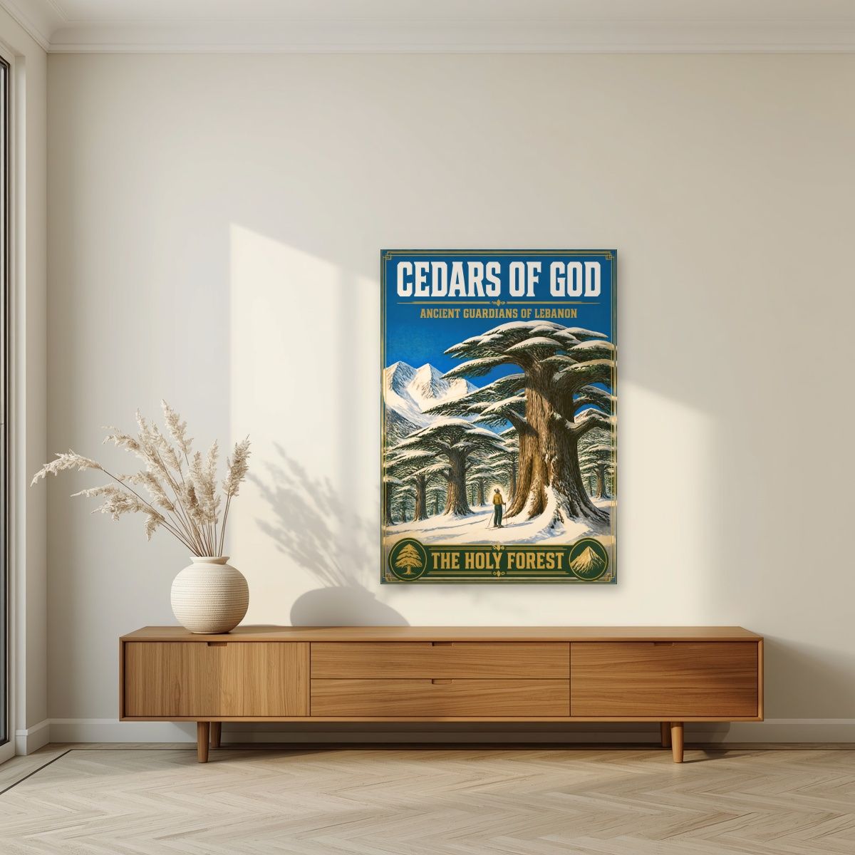 Thalj al-Arz — Cedars of God art print, unframed poster, styled in a living room