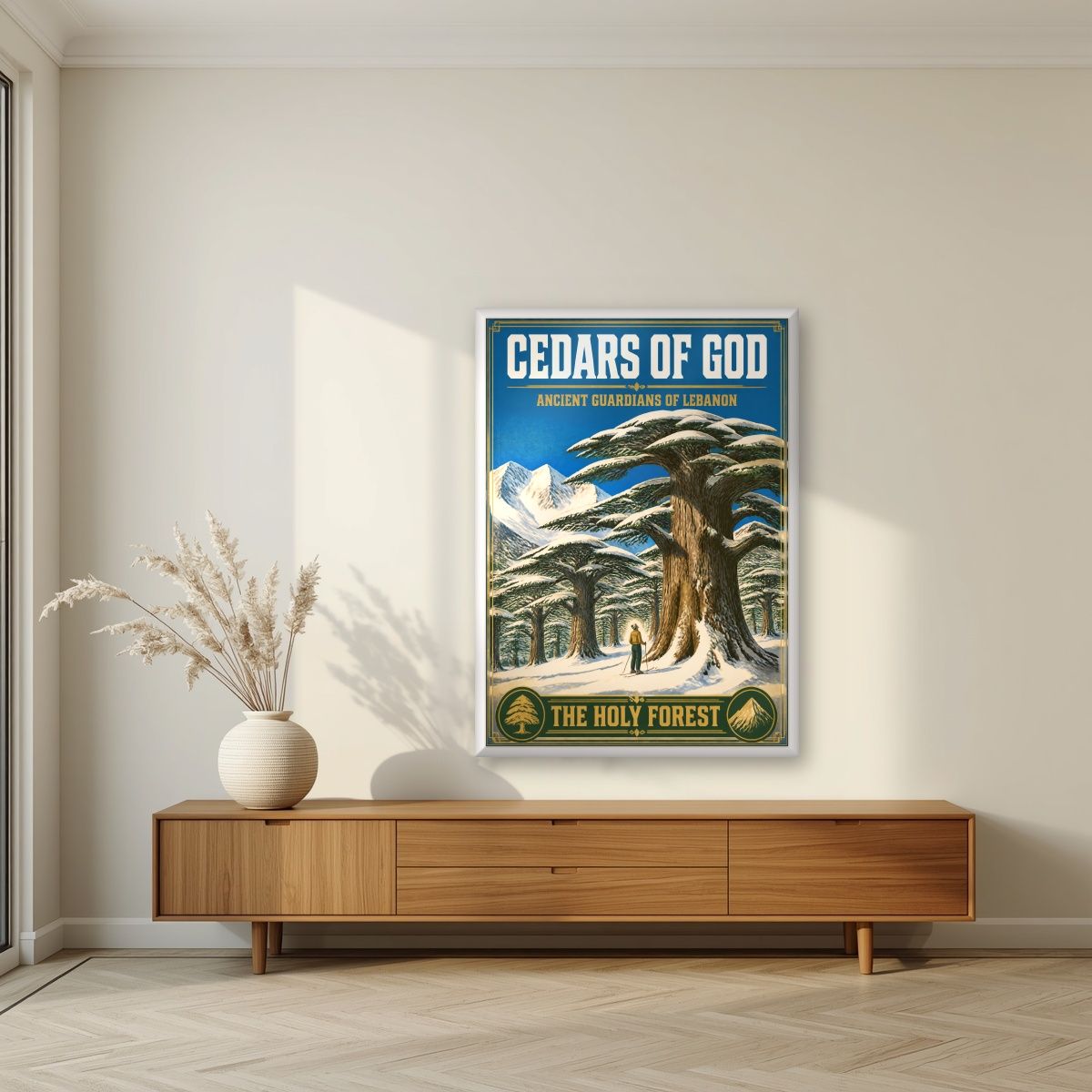 Thalj al-Arz — Cedars of God art print, in a white frame, styled in a living room