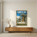 Thalj al-Arz — Cedars of God art print, in an oak frame, styled in a living room
