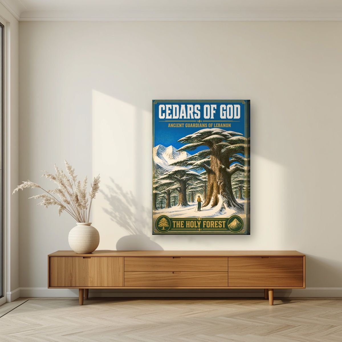 Thalj al-Arz — Cedars of God art print, on slim canvas, styled in a living room