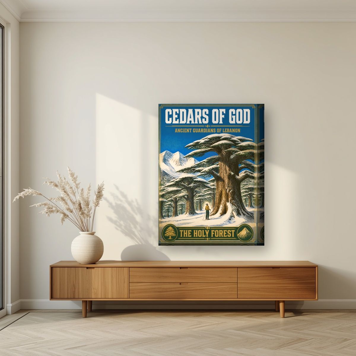 Thalj al-Arz — Cedars of God art print, on thick canvas, styled in a living room