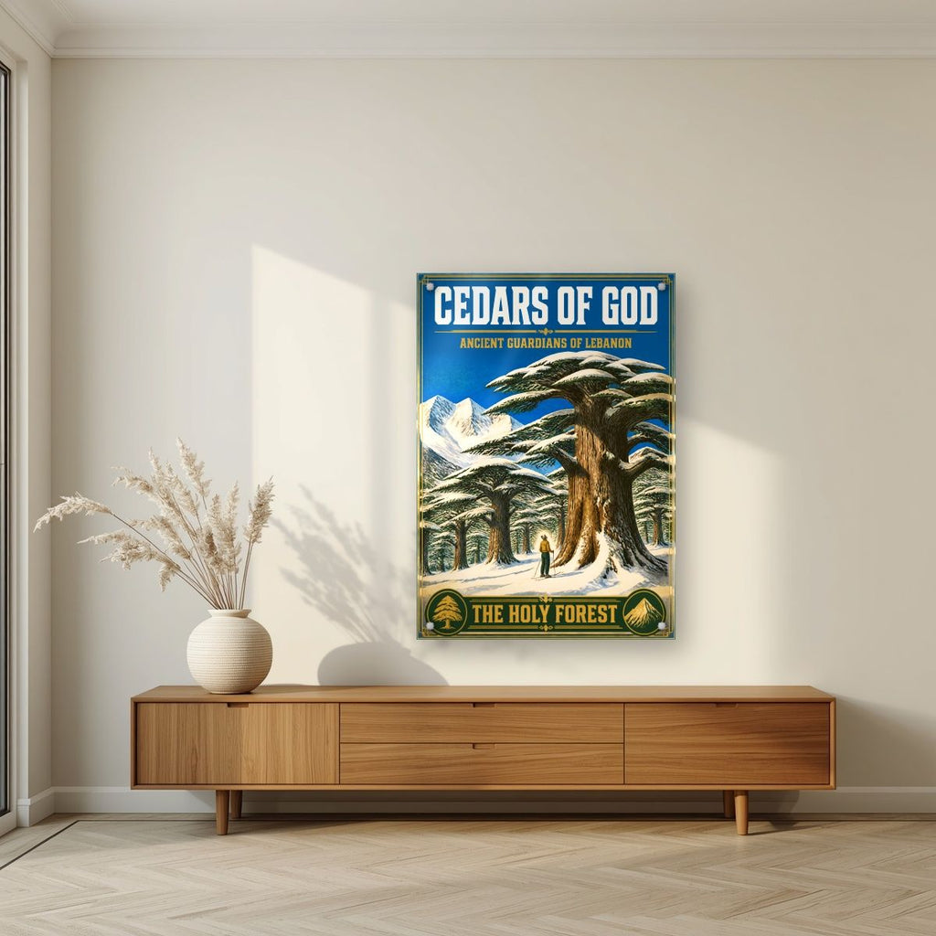 Thalj al-Arz — Cedars of God art print, as an acrylic print, styled in a living room
