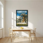 Thalj al-Arz — Cedars of God art print, in a black frame, styled in a kitchen