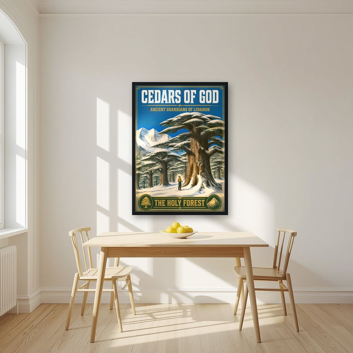 Thalj al-Arz — Cedars of God art print, in a black frame, styled in a kitchen