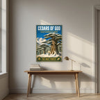 Thalj al-Arz — Cedars of God art print, unframed poster, styled in a desk