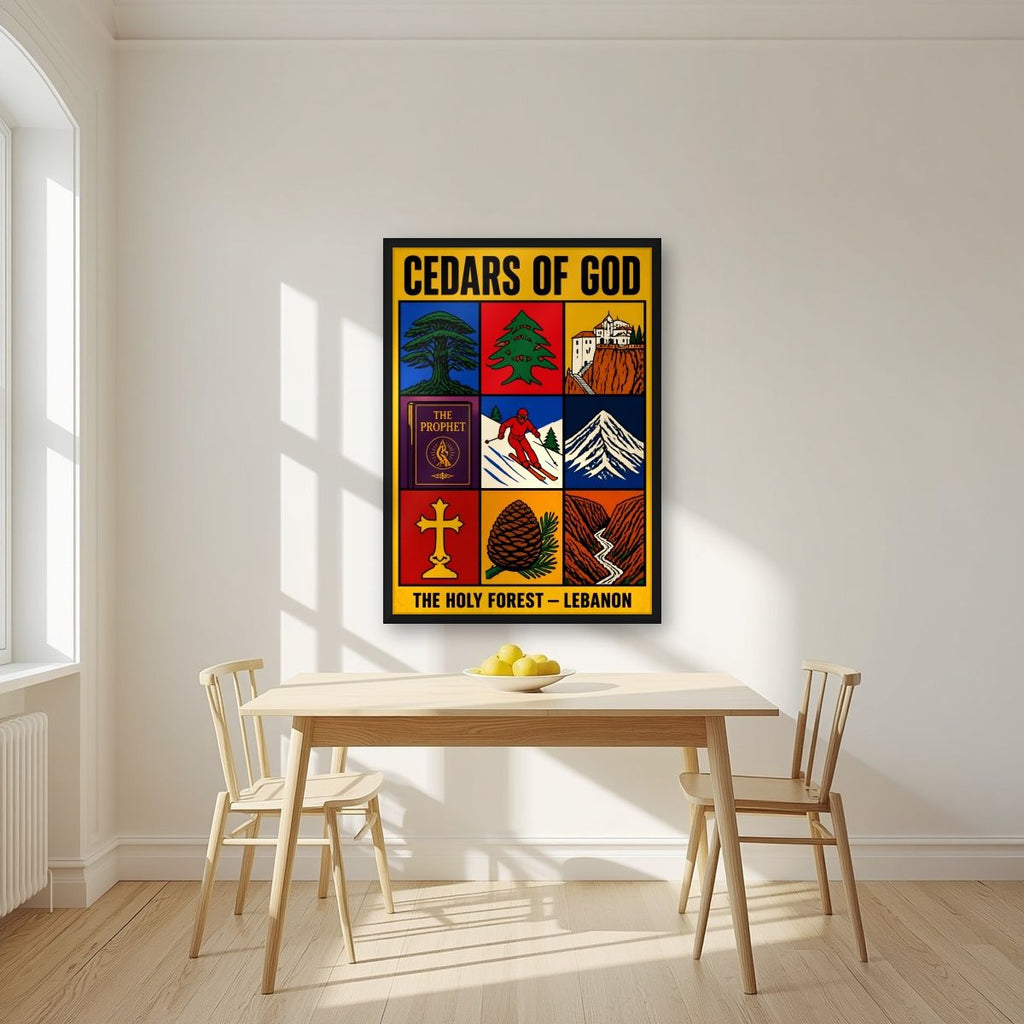 The Holy Nine — Cedars of God art print, in a black frame, styled in a kitchen