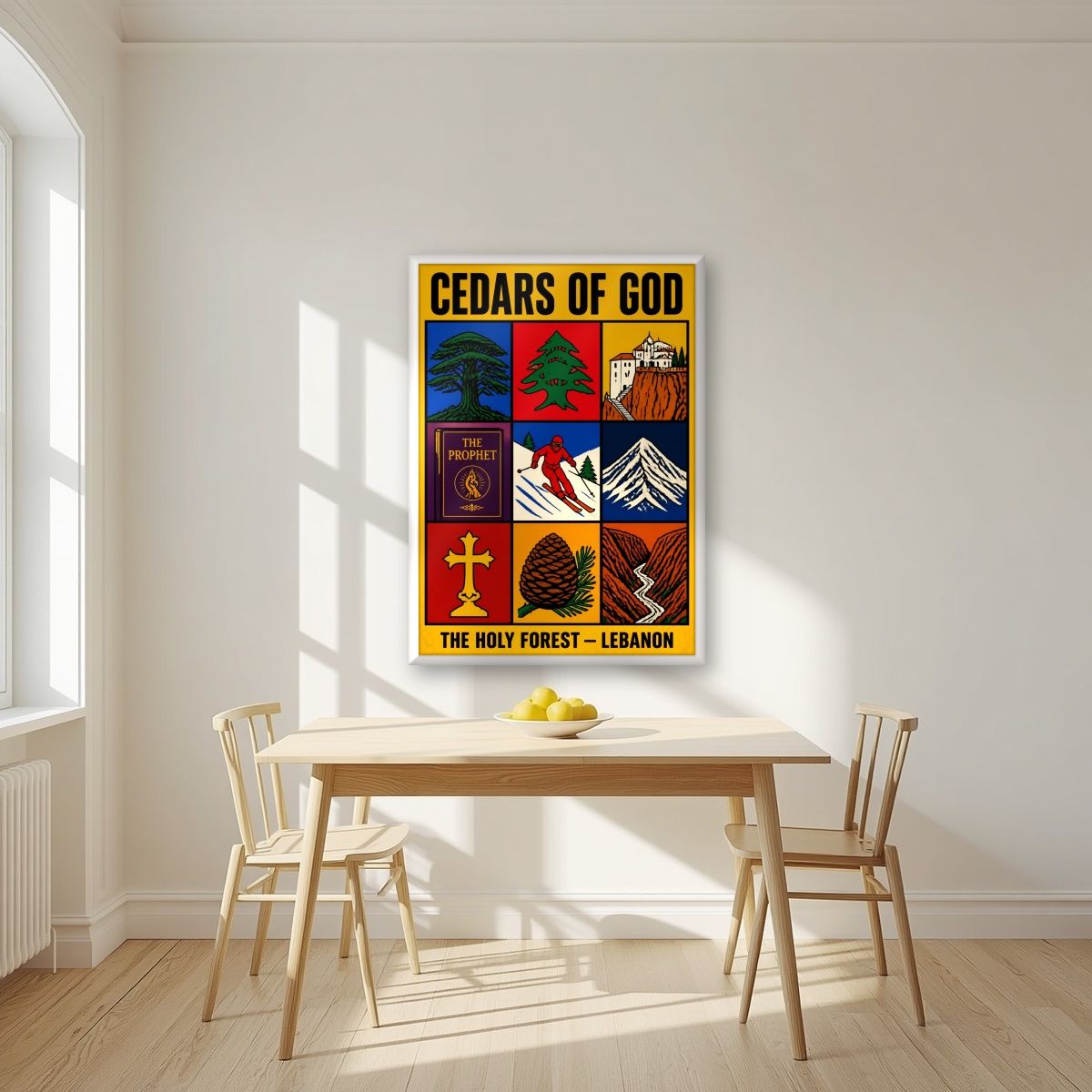 The Holy Nine — Cedars of God art print, in a white frame, styled in a kitchen