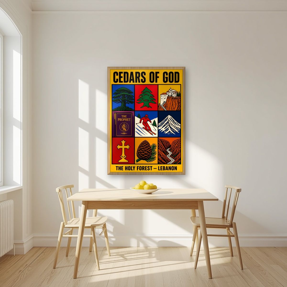 The Holy Nine — Cedars of God art print, in an oak frame, styled in a kitchen