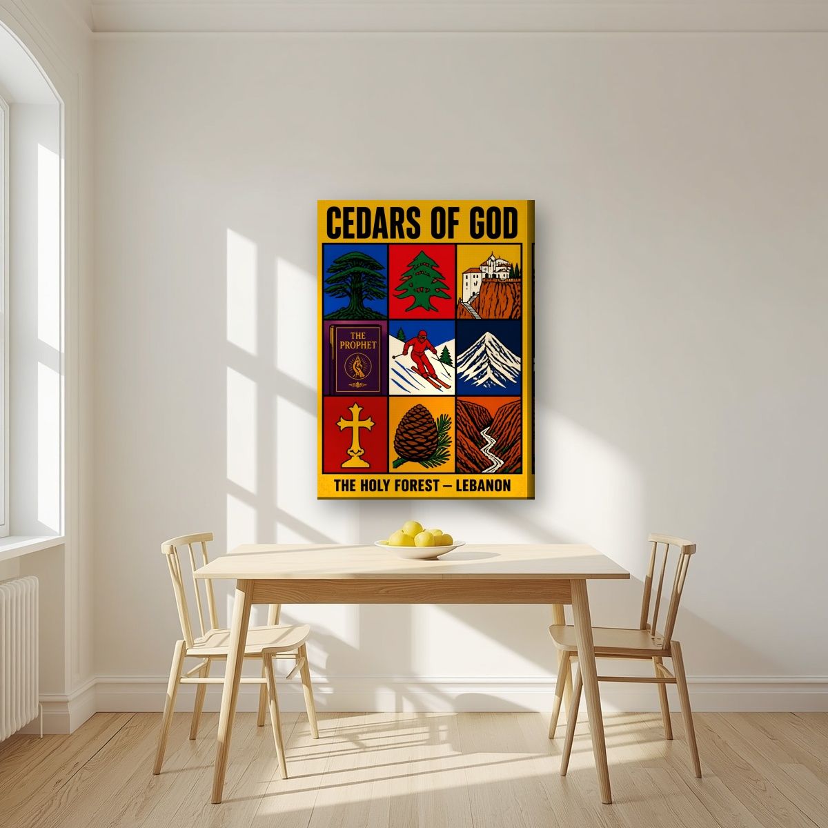 The Holy Nine — Cedars of God art print, on slim canvas, styled in a kitchen