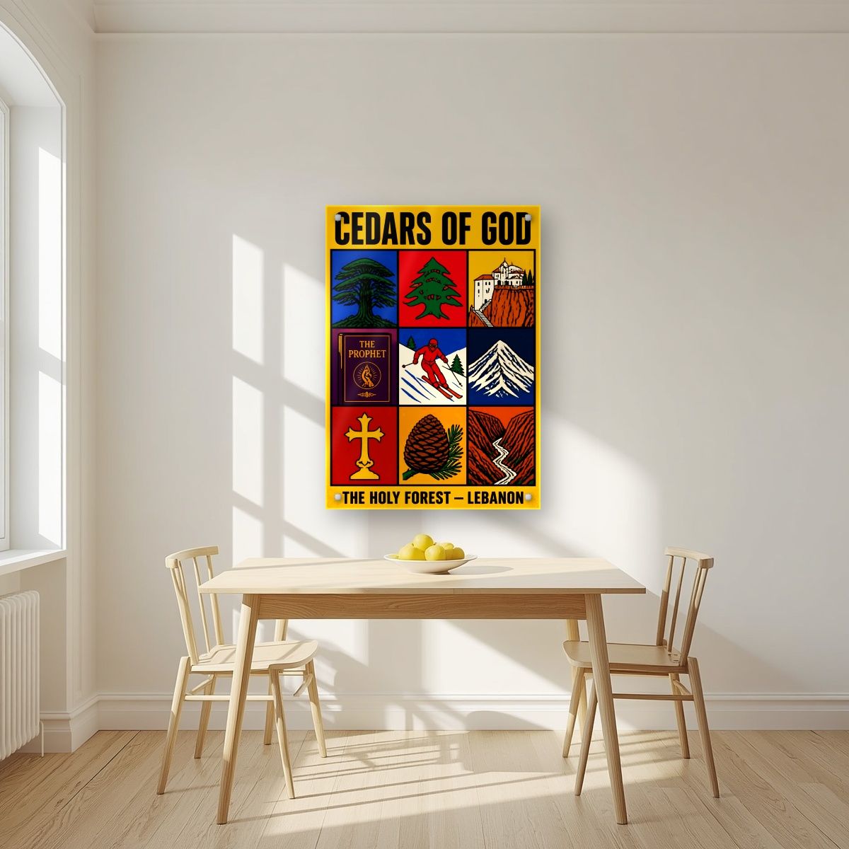 The Holy Nine — Cedars of God art print, as an acrylic print, styled in a kitchen