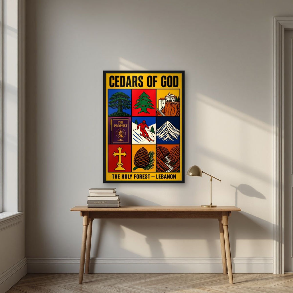 The Holy Nine — Cedars of God art print, in a black frame, styled in a desk