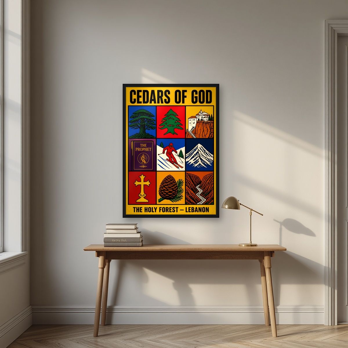 The Holy Nine — Cedars of God art print, in a black frame, styled in a desk