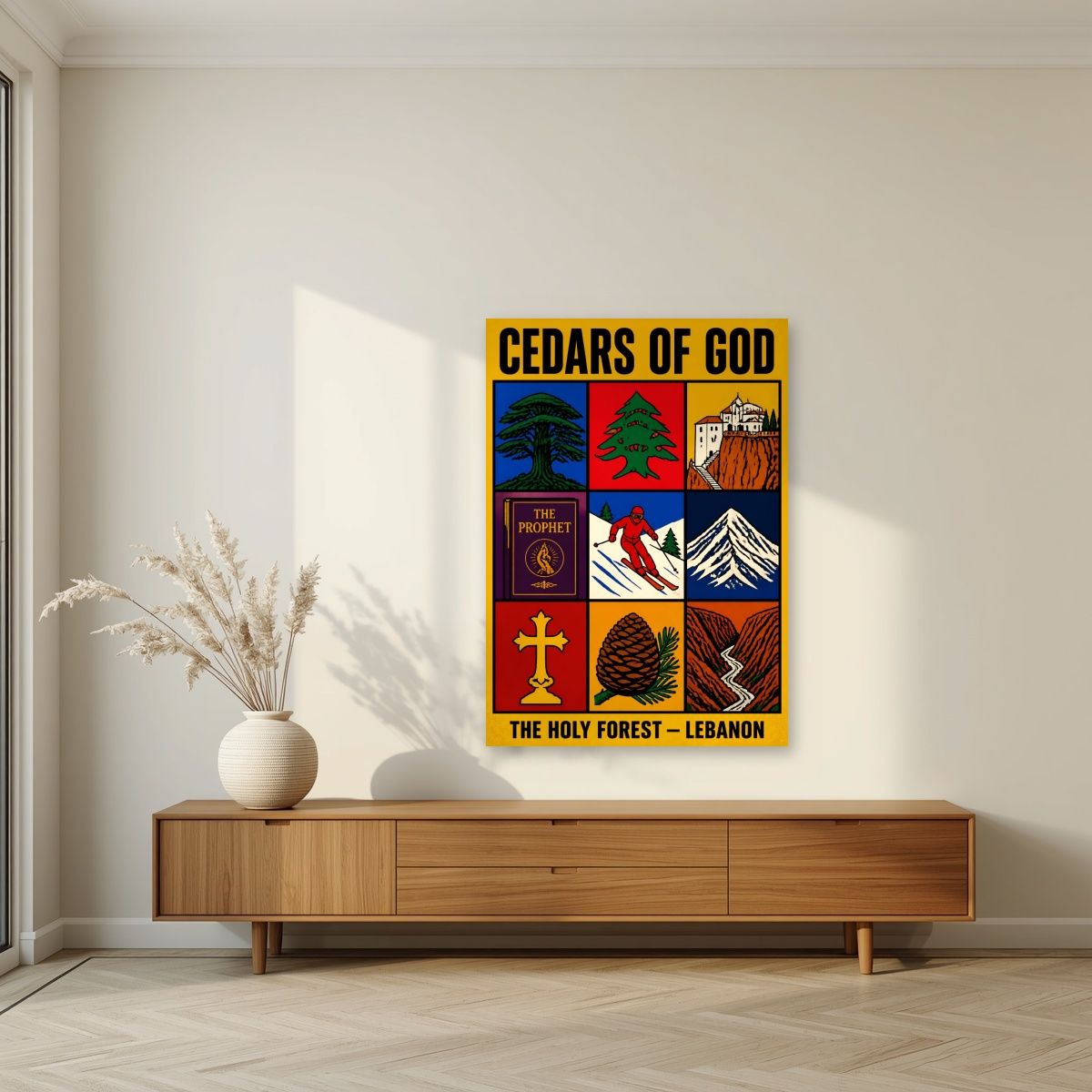 The Holy Nine — Cedars of God art print, unframed poster, styled in a living room