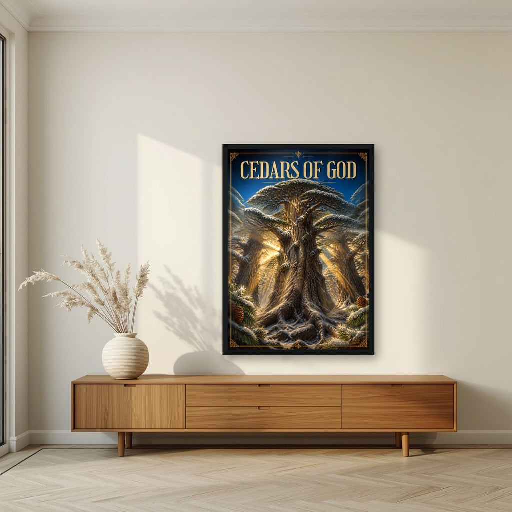 Thousand Winters — Cedars of God art print, in a black frame, styled in a living room