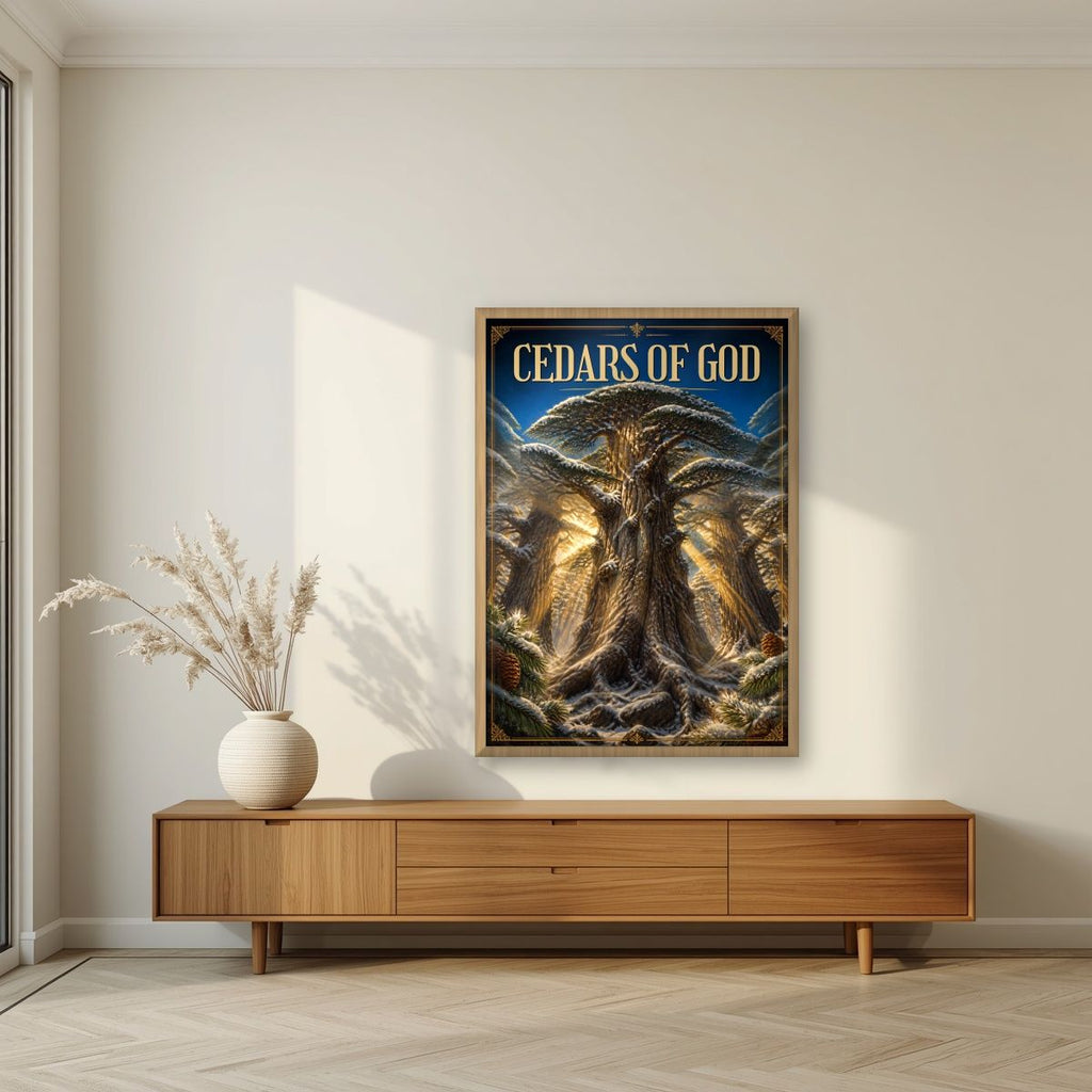 Thousand Winters — Cedars of God art print, in an oak frame, styled in a living room