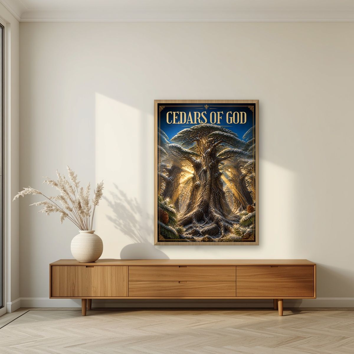 Thousand Winters — Cedars of God art print, in an oak frame, styled in a living room