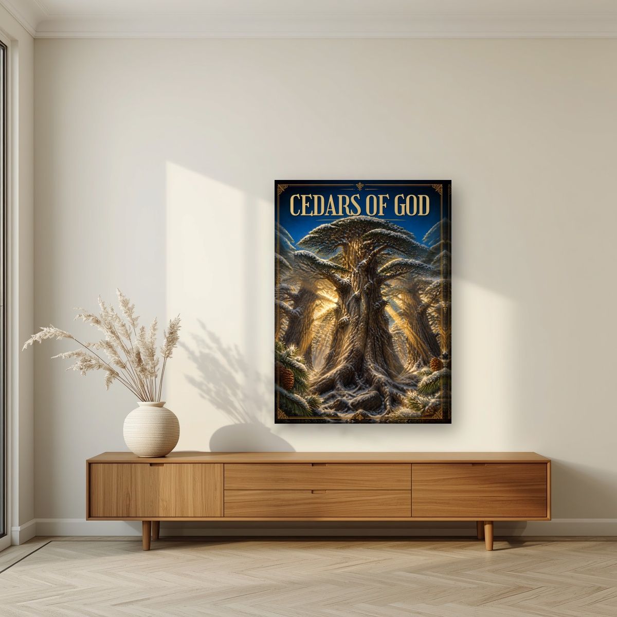 Thousand Winters — Cedars of God art print, on slim canvas, styled in a living room