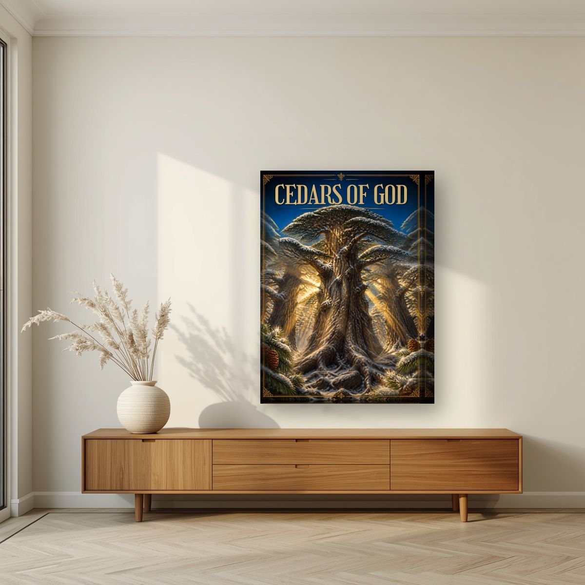 Thousand Winters — Cedars of God art print, on thick canvas, styled in a living room