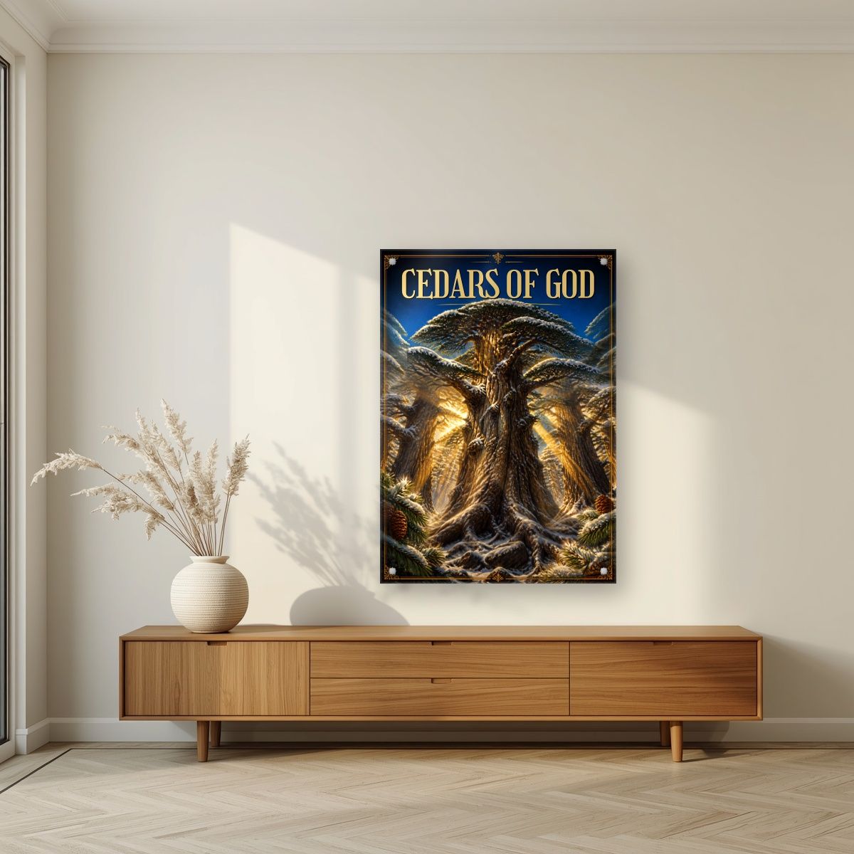 Thousand Winters — Cedars of God art print, as an acrylic print, styled in a living room