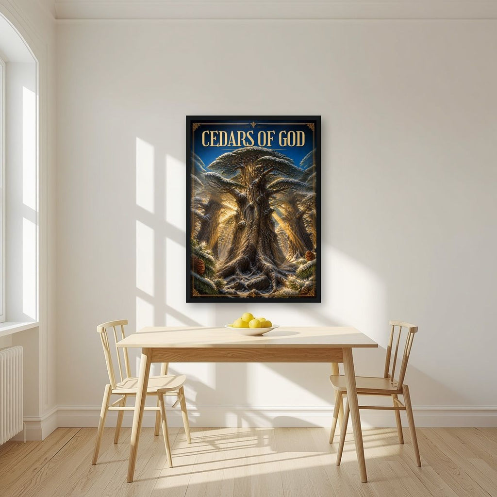 Thousand Winters — Cedars of God art print, in a black frame, styled in a kitchen