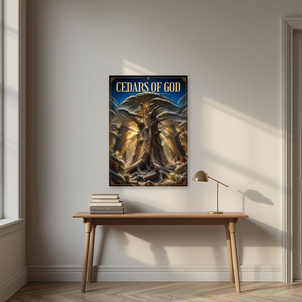 Thousand Winters — Cedars of God art print, unframed poster, styled in a desk