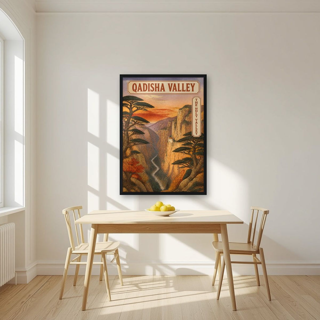 Wadi Qadisha — Cedars of God art print, in a black frame, styled in a kitchen