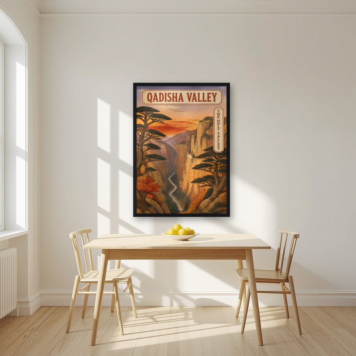 Wadi Qadisha — Cedars of God art print, in a black frame, styled in a kitchen