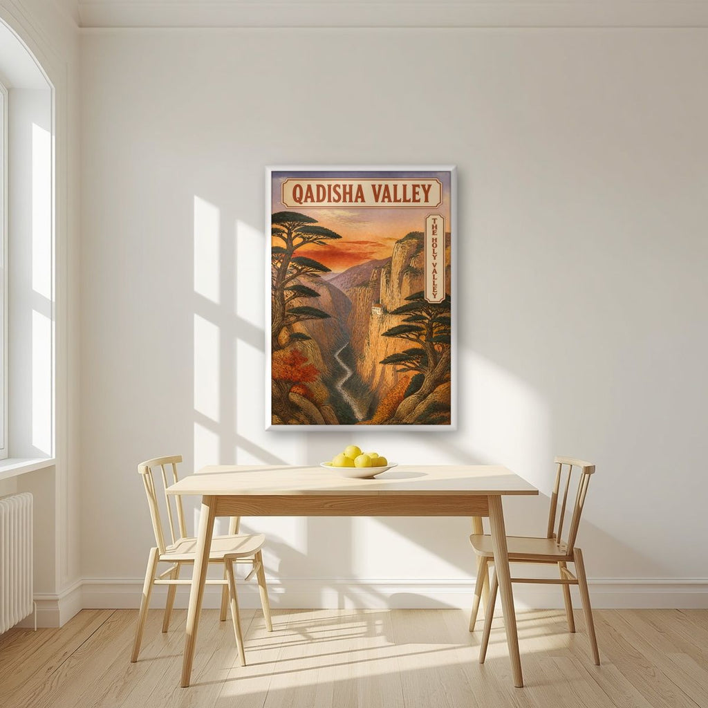 Wadi Qadisha — Cedars of God art print, in a white frame, styled in a kitchen