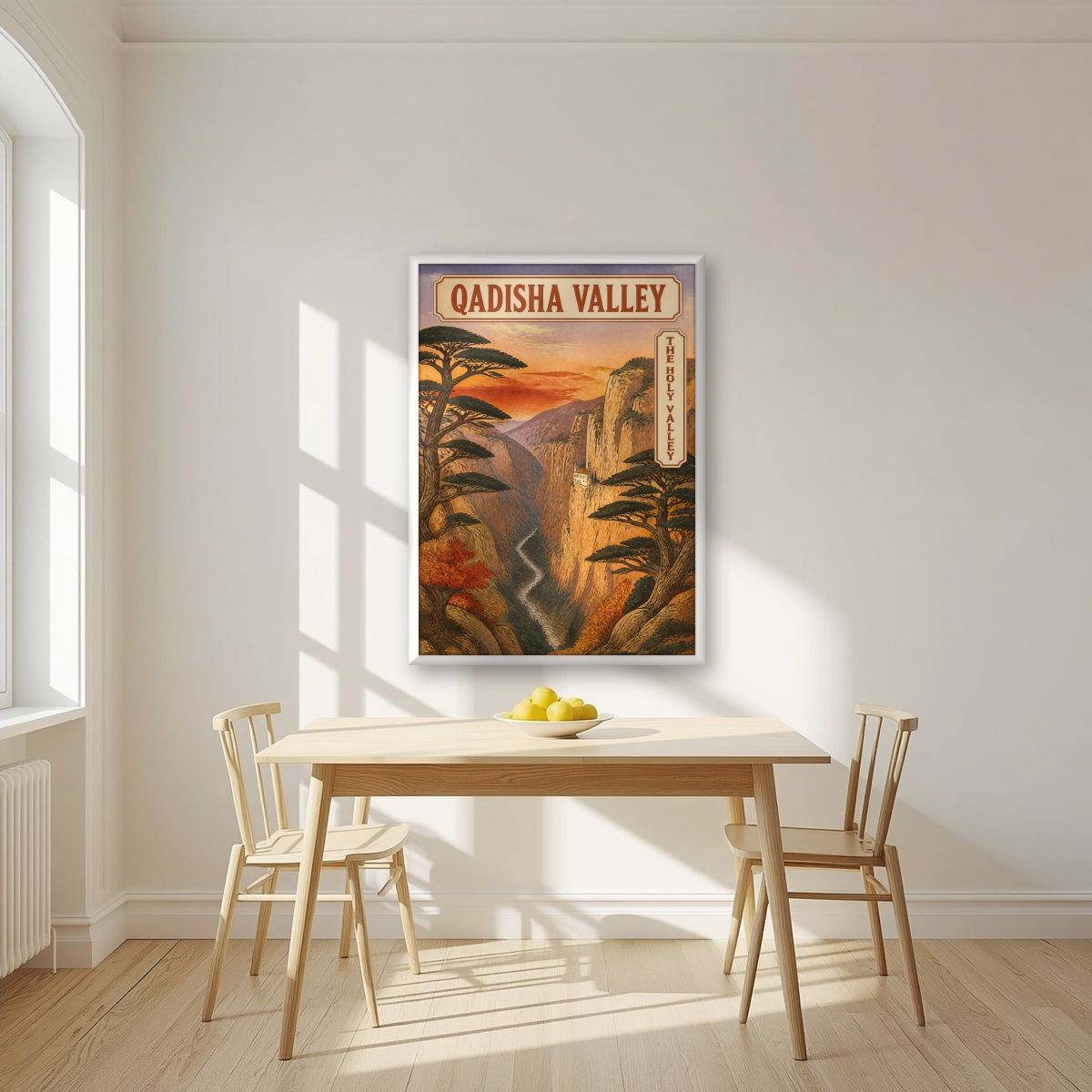 Wadi Qadisha — Cedars of God art print, in a white frame, styled in a kitchen