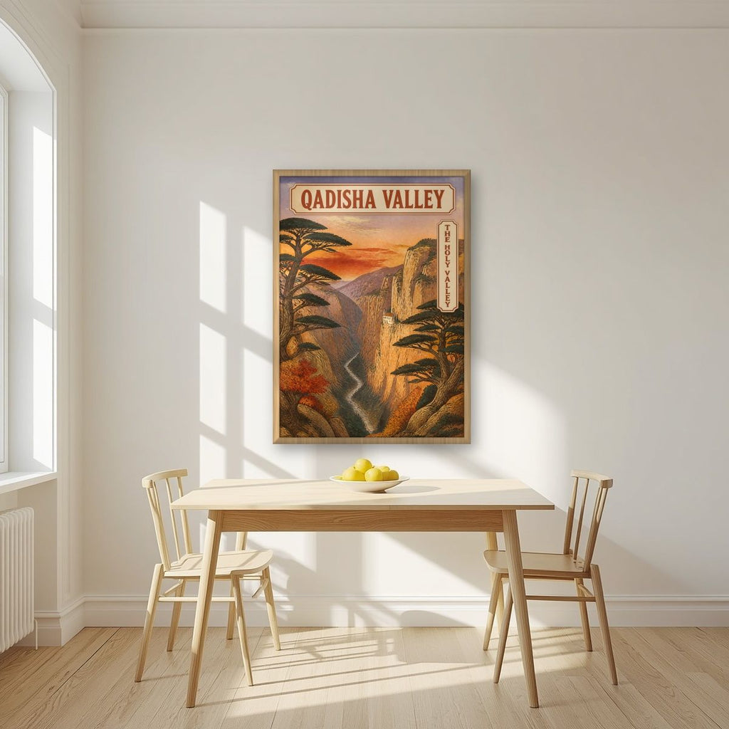 Wadi Qadisha — Cedars of God art print, in an oak frame, styled in a kitchen