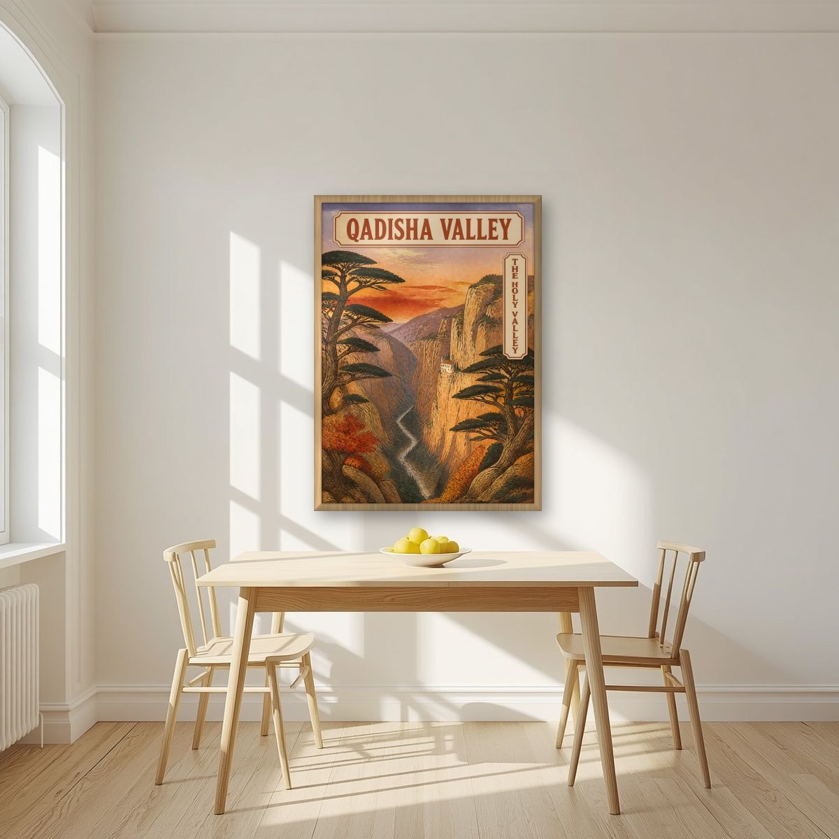 Wadi Qadisha — Cedars of God art print, in an oak frame, styled in a kitchen