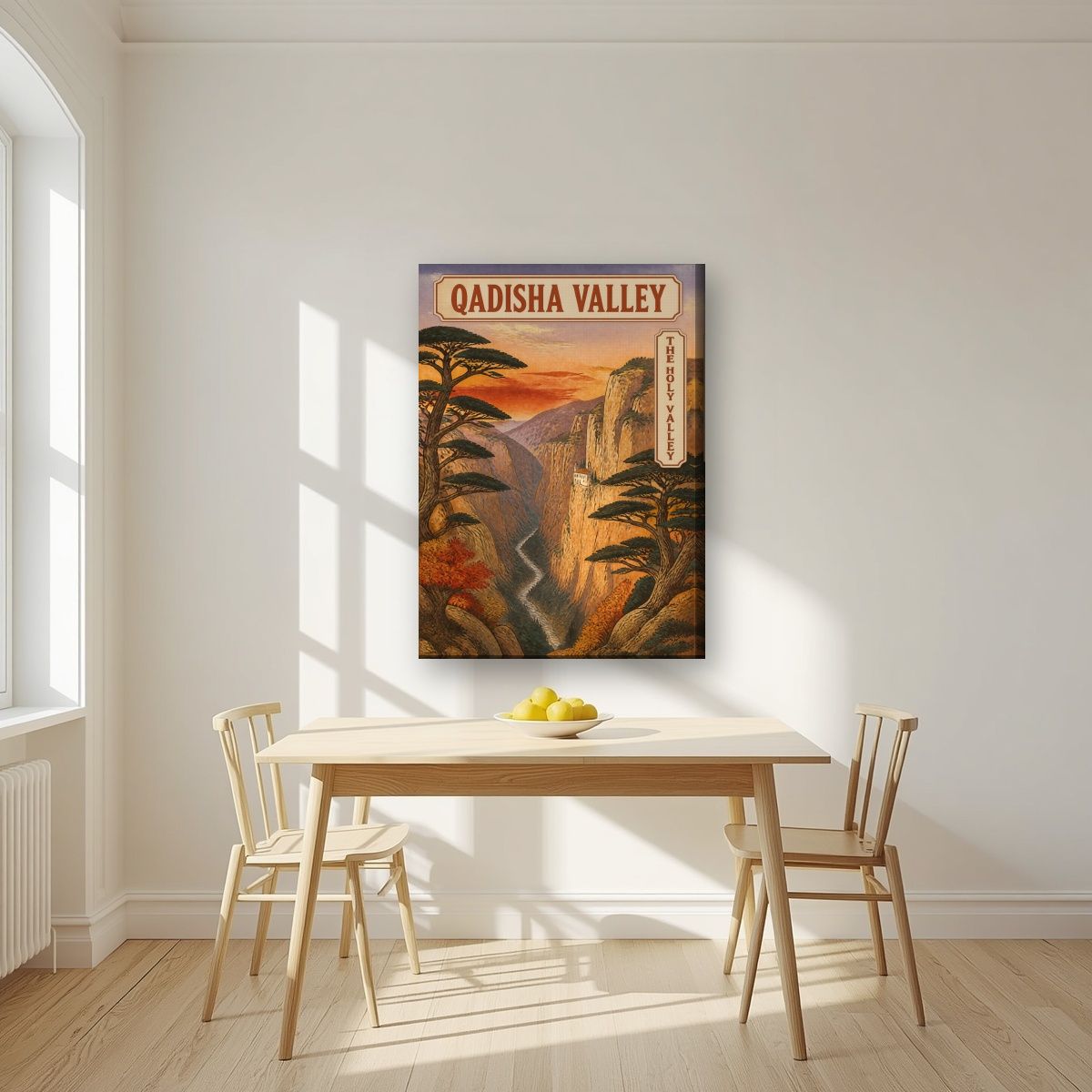 Wadi Qadisha — Cedars of God art print, on slim canvas, styled in a kitchen