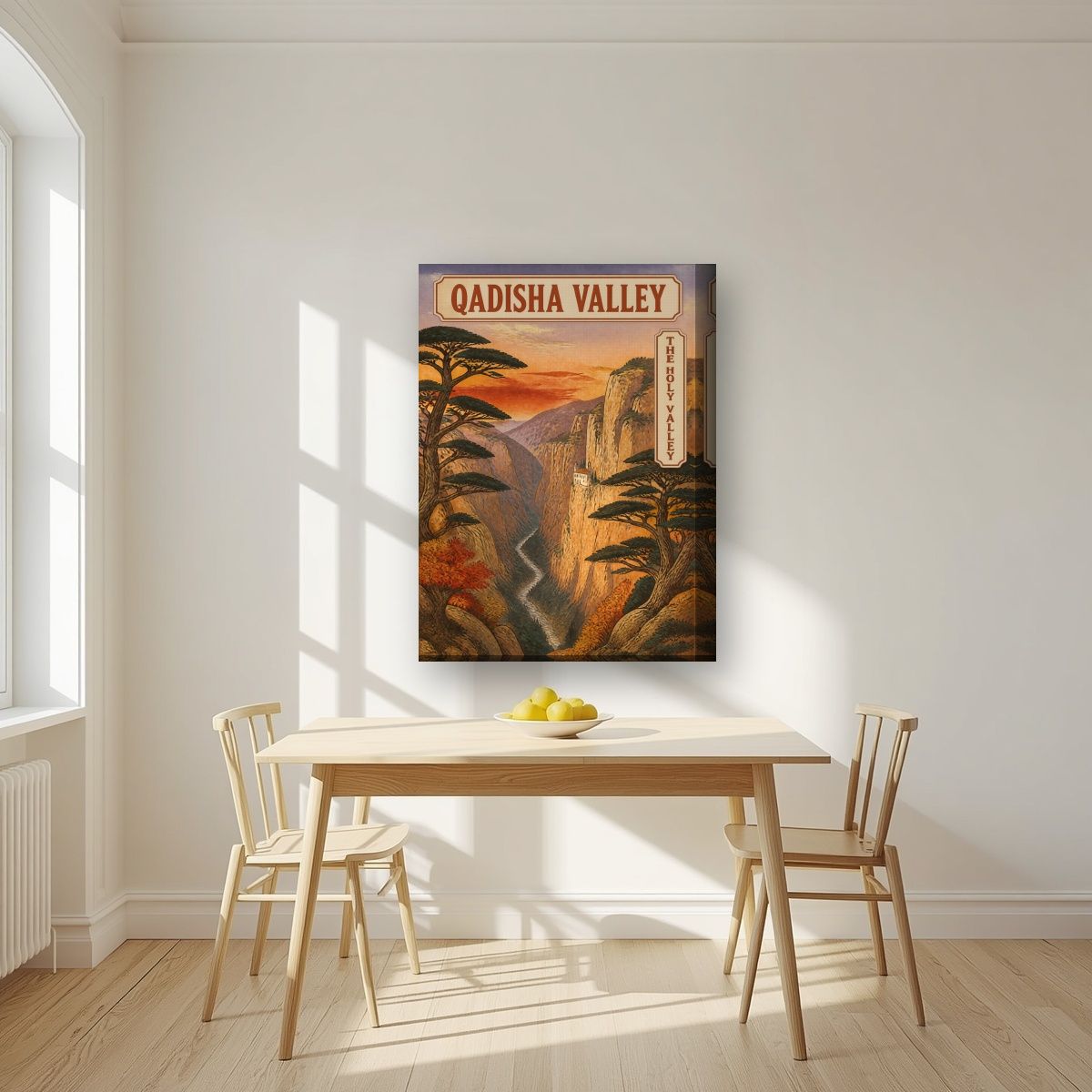 Wadi Qadisha — Cedars of God art print, on thick canvas, styled in a kitchen