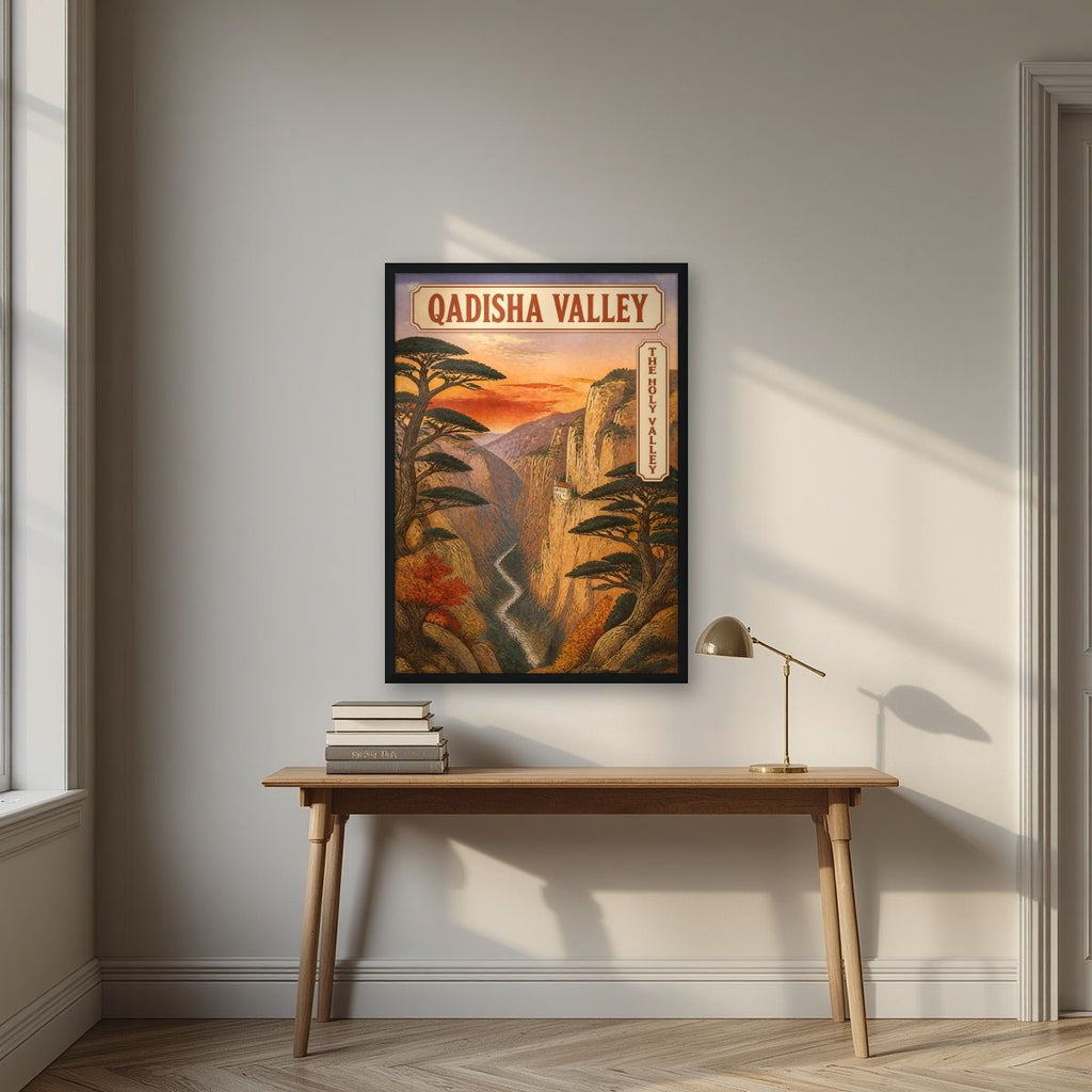 Wadi Qadisha — Cedars of God art print, in a black frame, styled in a desk