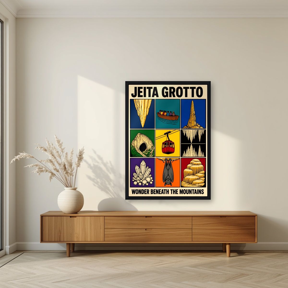 Ajaib al-Kahf — Jeita Grotto art print, in a black frame, styled in a living room