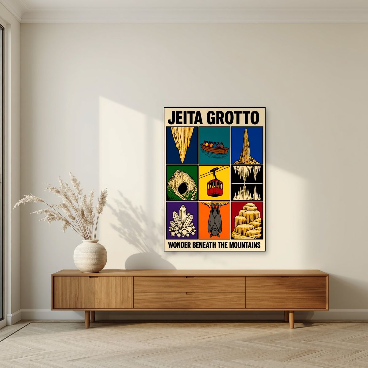 Ajaib al-Kahf — Jeita Grotto art print, unframed poster, styled in a living room