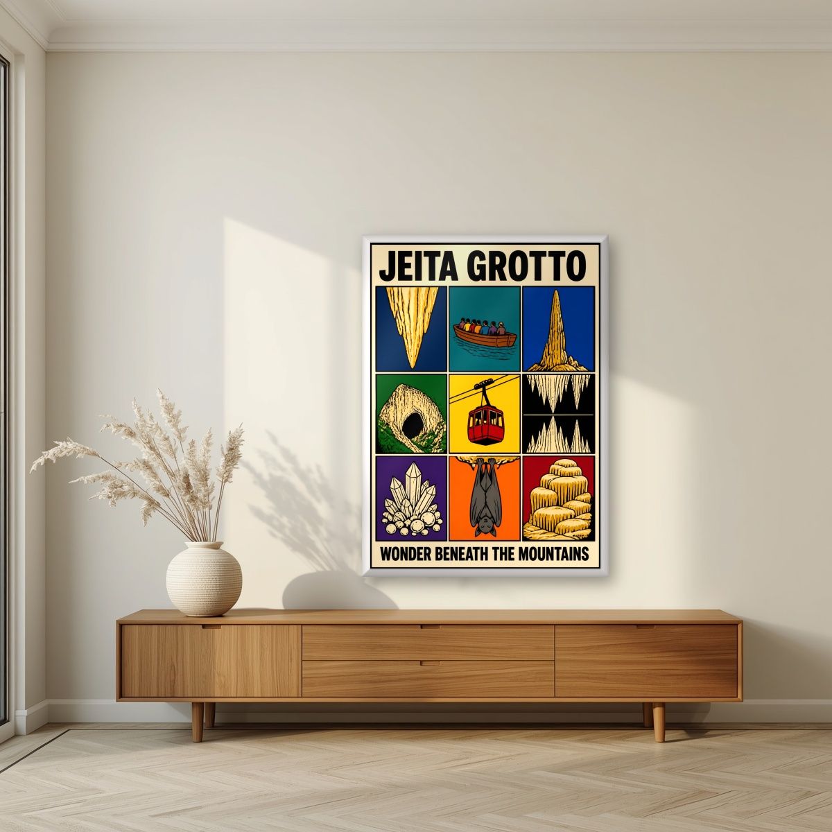 Ajaib al-Kahf — Jeita Grotto art print, in a white frame, styled in a living room