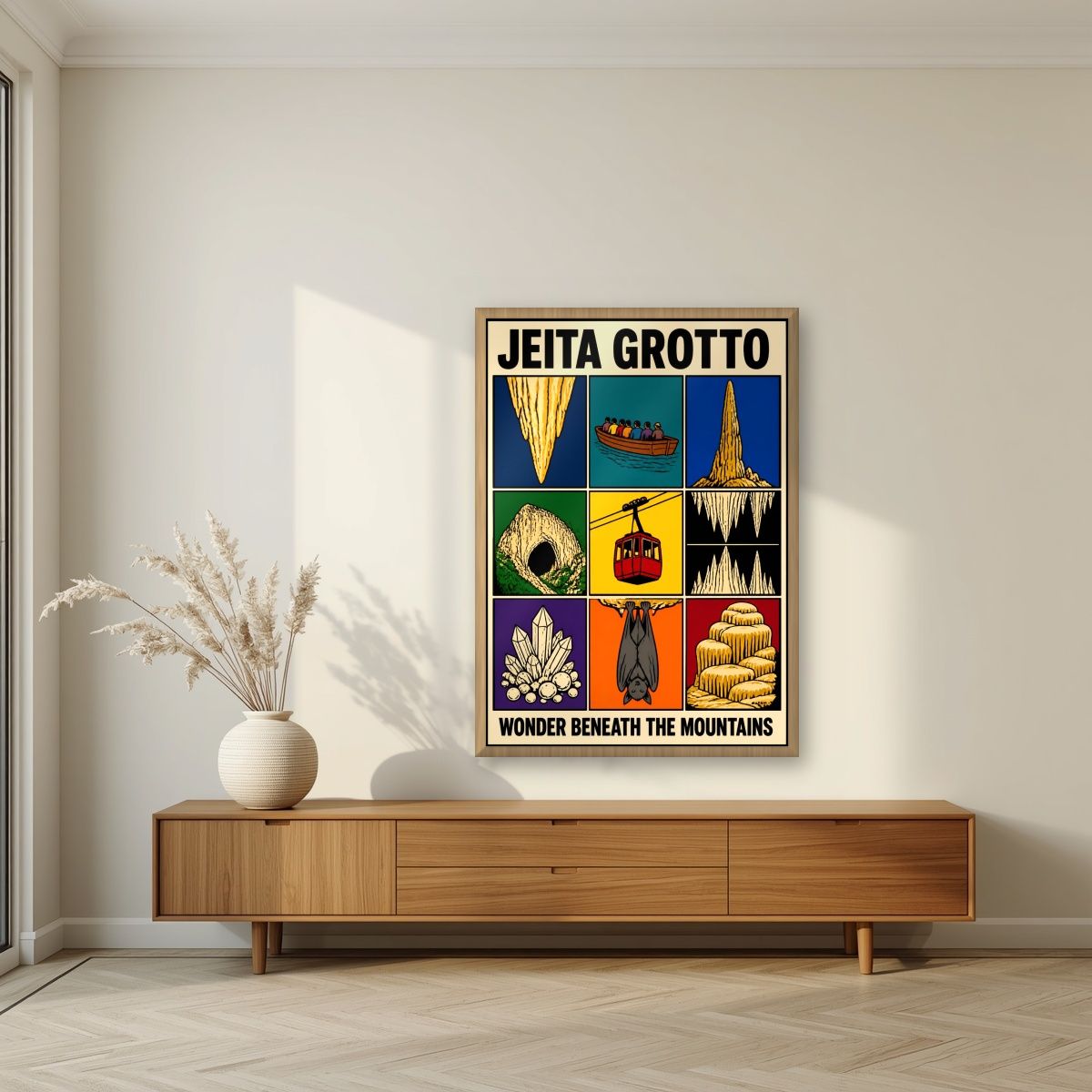 Ajaib al-Kahf — Jeita Grotto art print, in an oak frame, styled in a living room