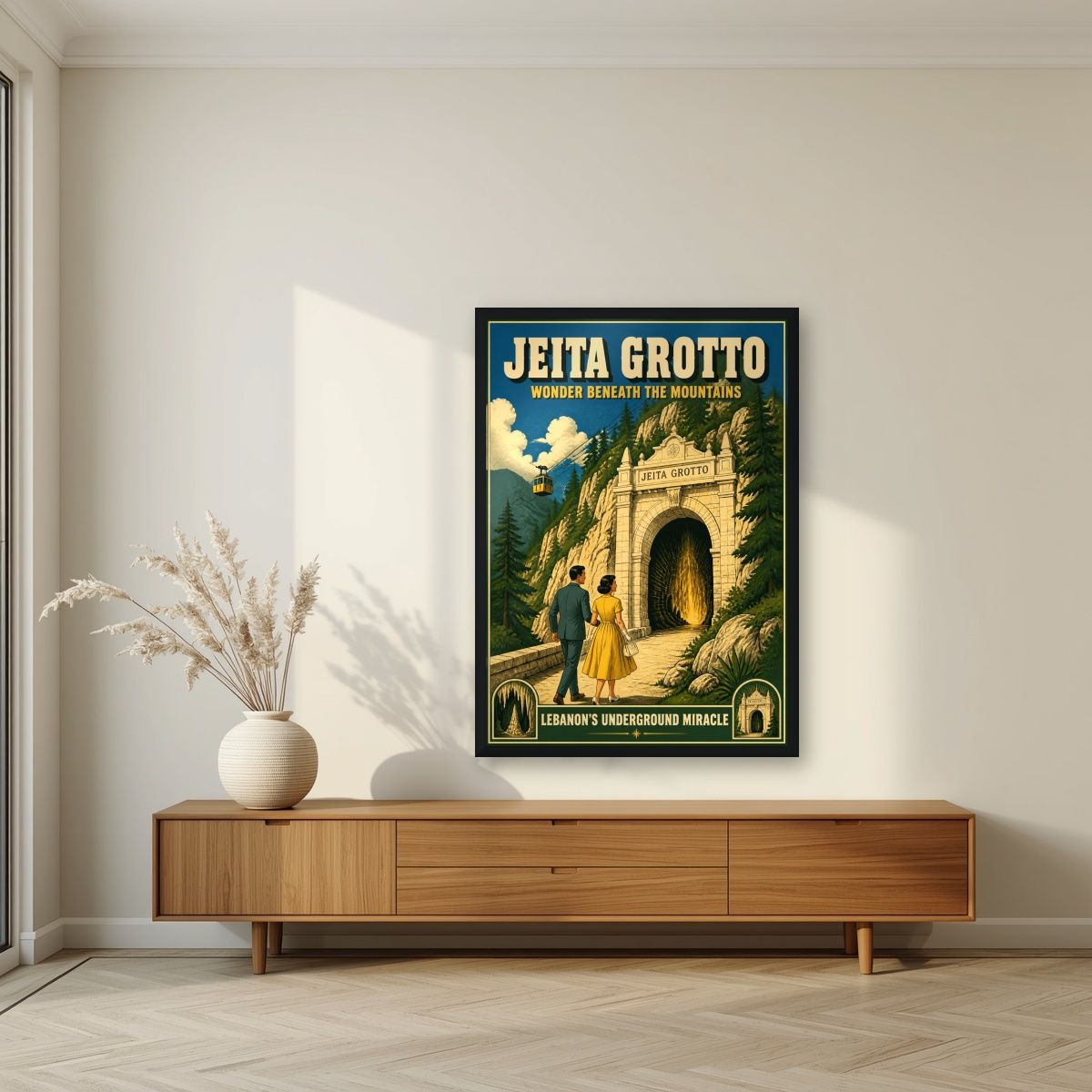 Bab al-Maghara — Jeita Grotto art print, in a black frame, styled in a living room